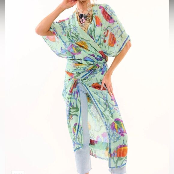 Aratta Silent Journey Ocean Breeze Tropical Fish Print Kimono One Size - Picture 7 of 9